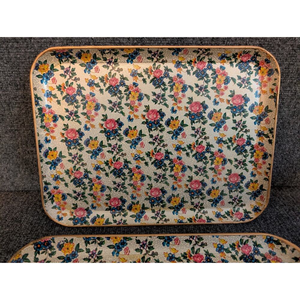 Vintage 50s Japanese Paper Mache Highmount Lacquer Floral Gilt Trim 14X10 Tray - Picture 10 of 10